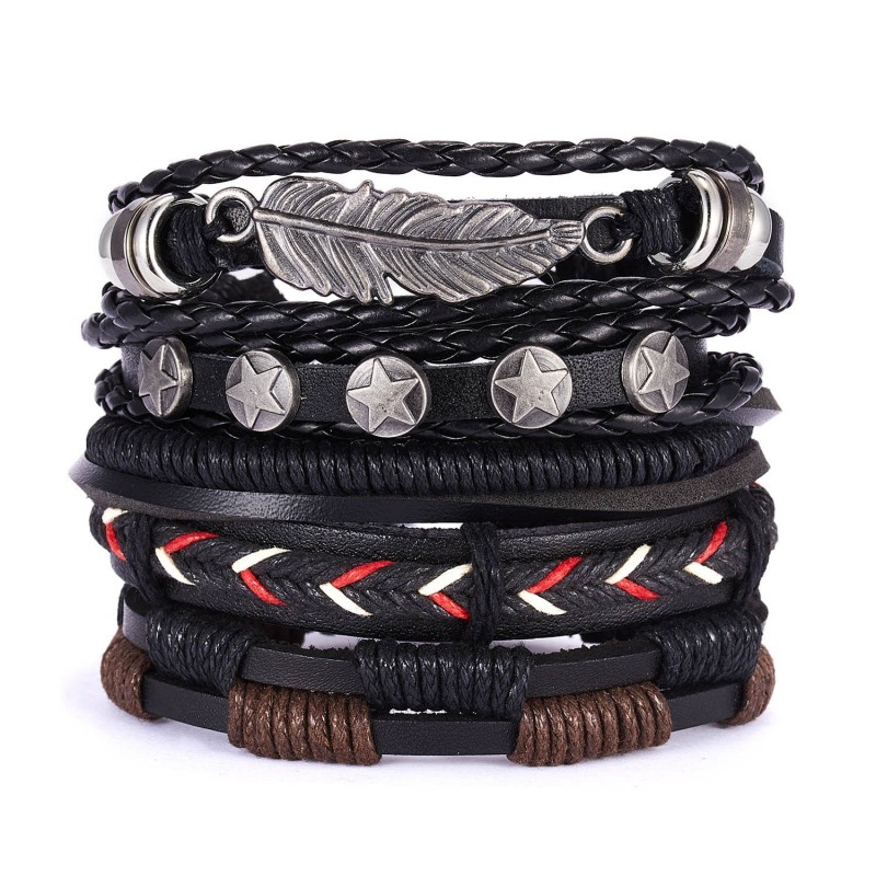 Vintage Cross Leather Multi-layer Adjustable Hand-woven Men's Bracelet Set