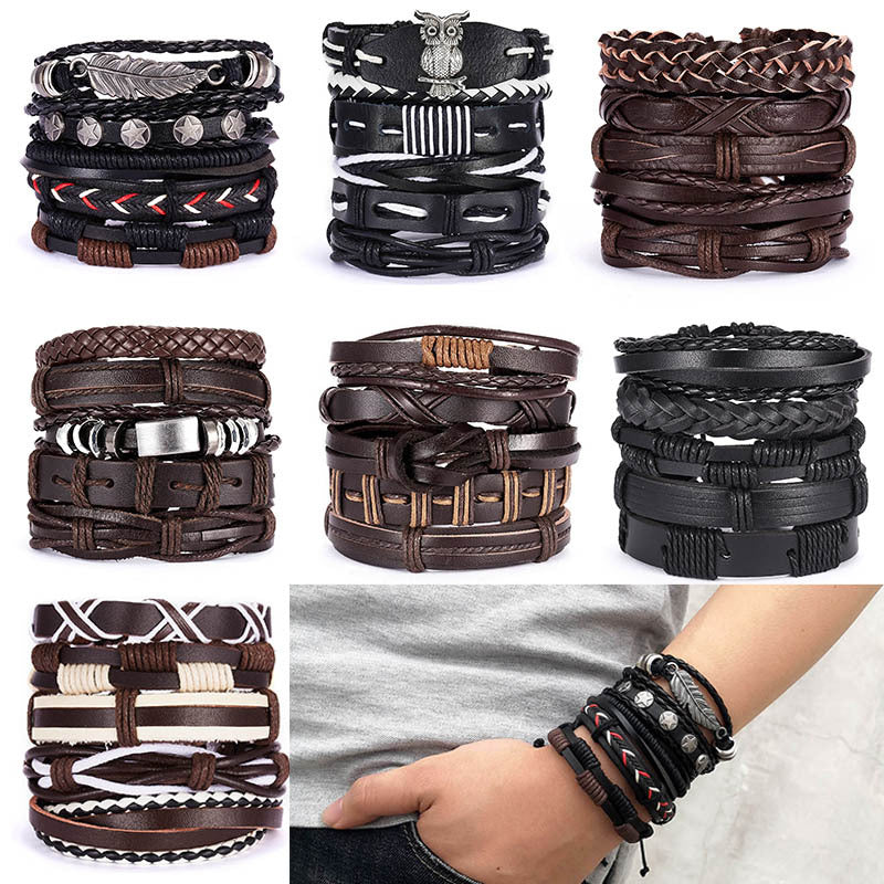 Vintage Cross Leather Multi-layer Adjustable Hand-woven Men's Bracelet Set