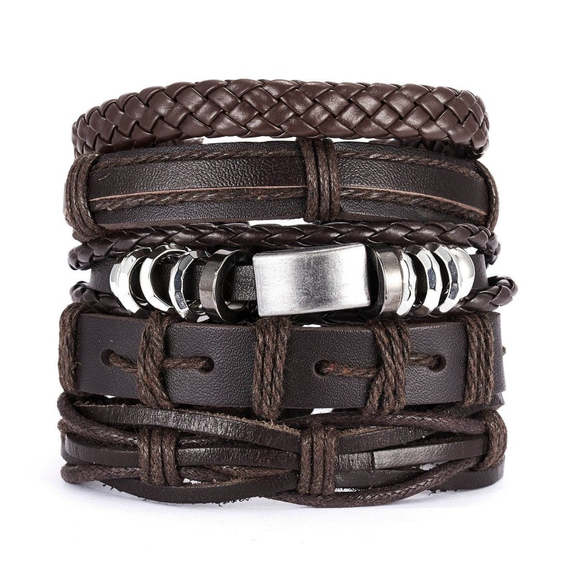 Vintage Cross Leather Multi-layer Adjustable Hand-woven Men's Bracelet Set