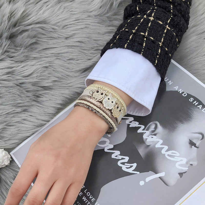 Diamond Magnetic Buckle Creative Owl Decorated Bohemian Leather Bracelet