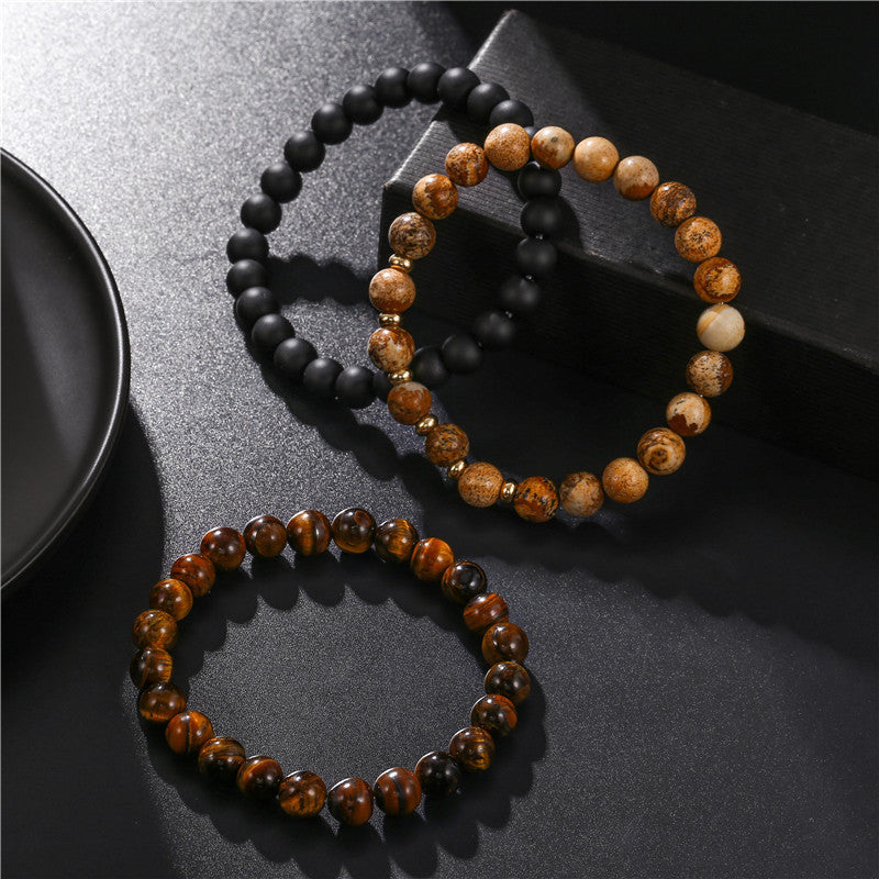 8mm Black Frosted Tiger Eye Picture Stone Stacking Bracelet 