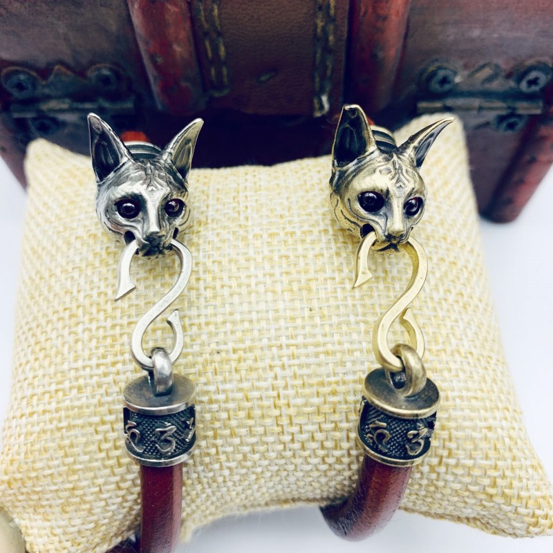 Egyptian Cat Genuine Leather Bracelets Made of Brass Old Bracelets