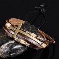 Vintage Cross Men's Beaded Leather Bracelet
