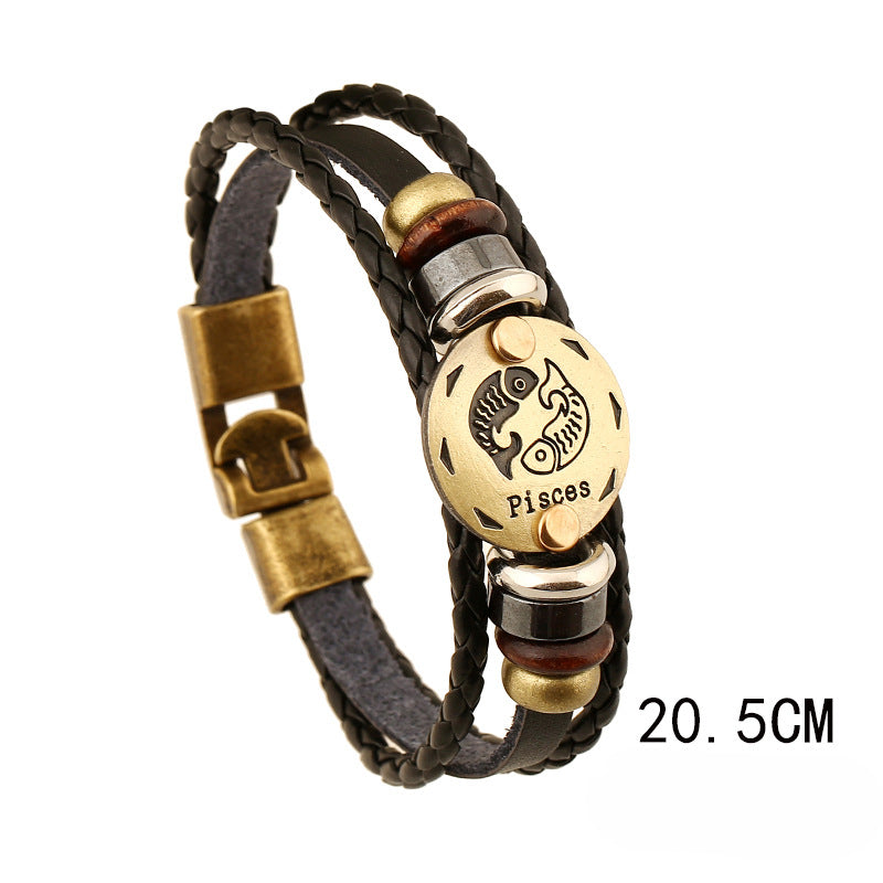 Vintage 12 Zodiac Cowhide Multi-layer Bracelets