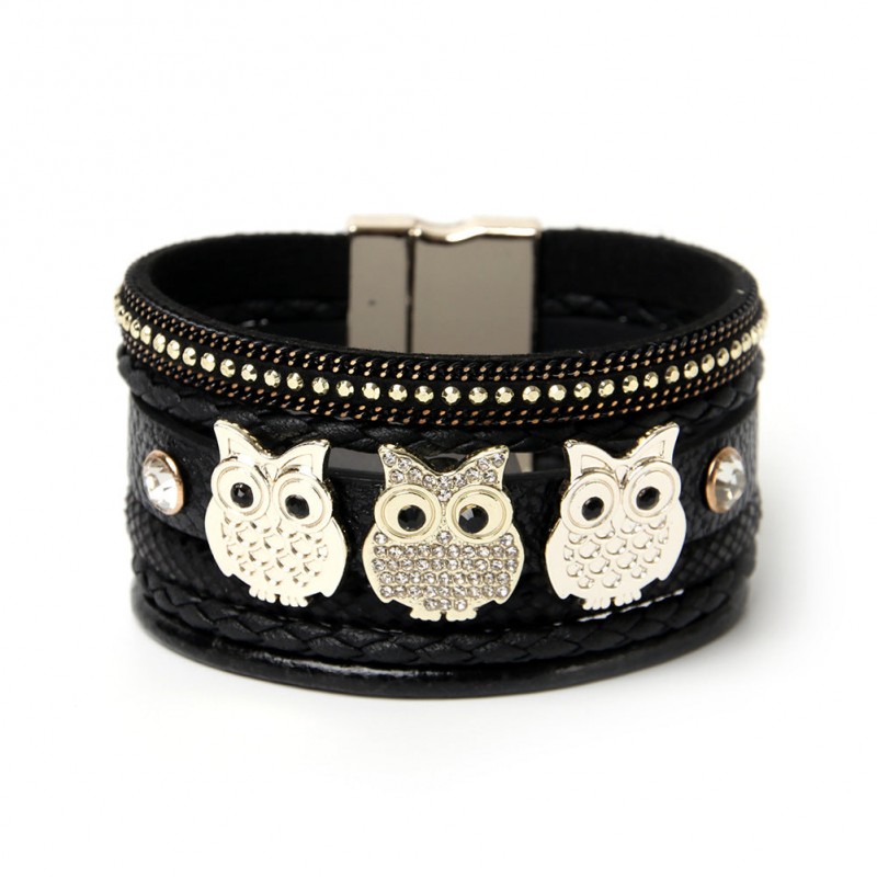 Diamond Magnetic Buckle Creative Owl Decorated Bohemian Leather Bracelet