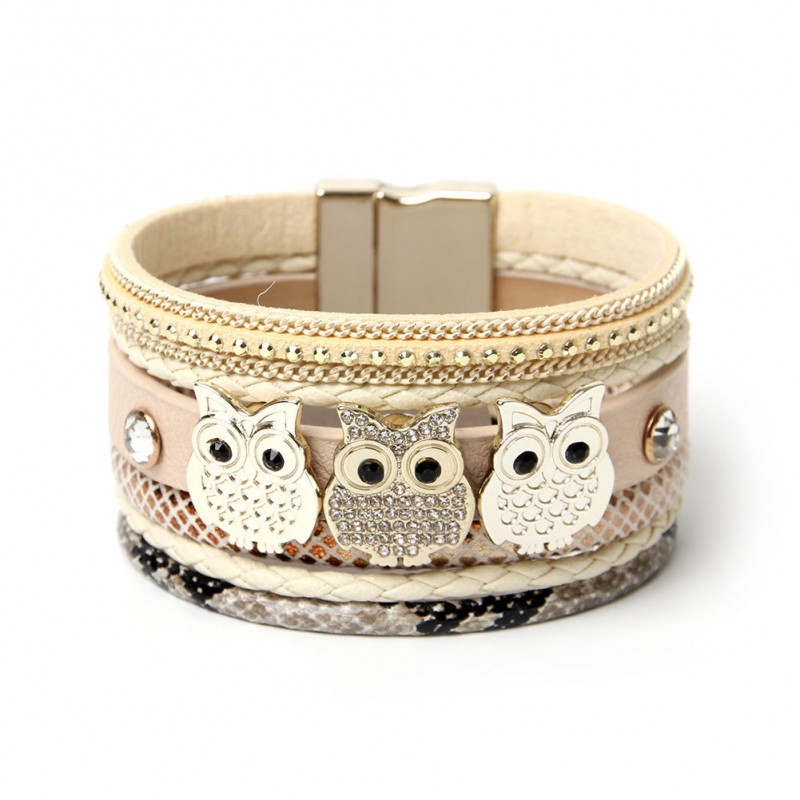 Diamond Magnetic Buckle Creative Owl Decorated Bohemian Leather Bracelet