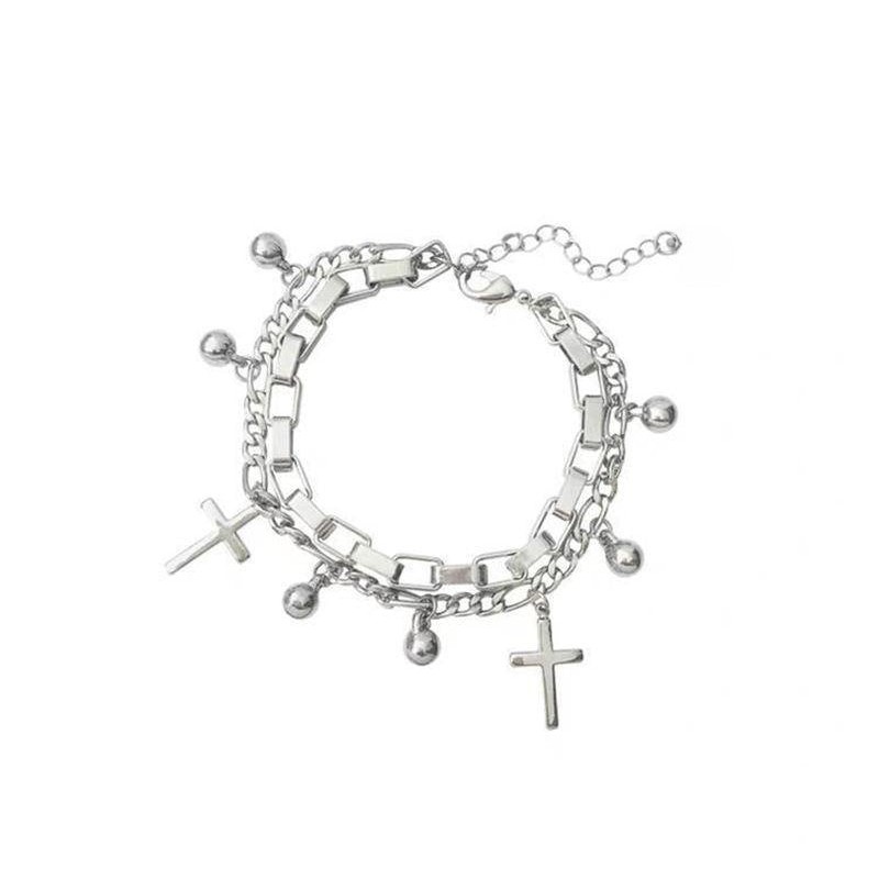 Vintage Metal Double Cross Pendant Hip Hop Multi-layer Bracelet