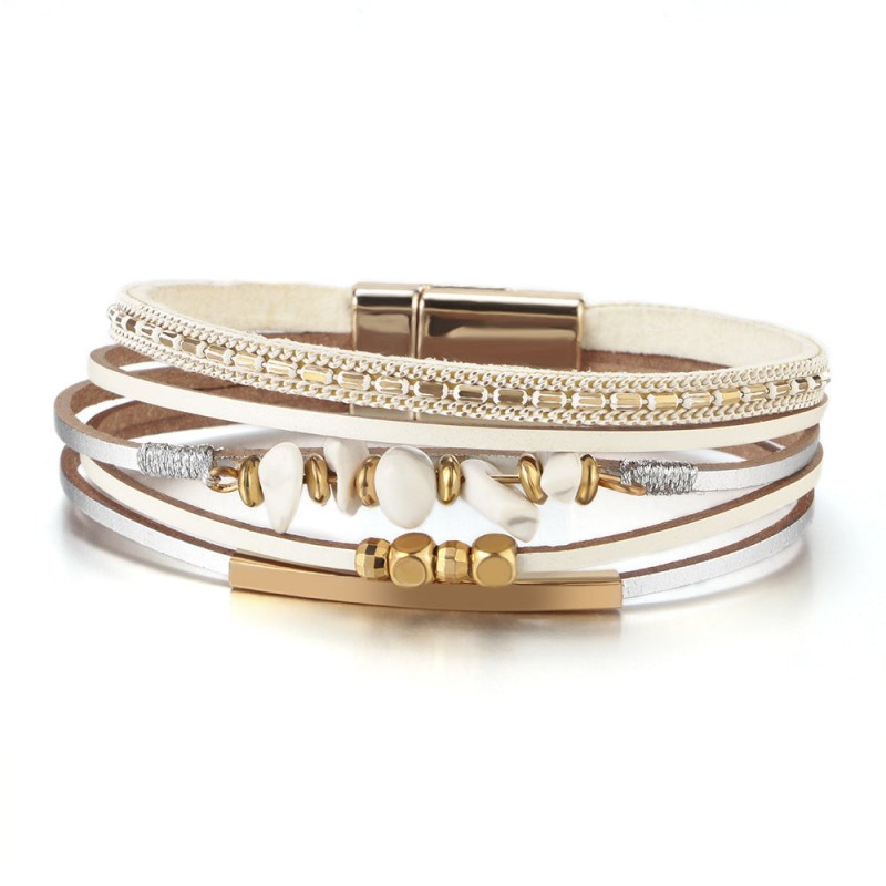 Boho Style Natural Stone Beaded Leather Magnetic Bracelet