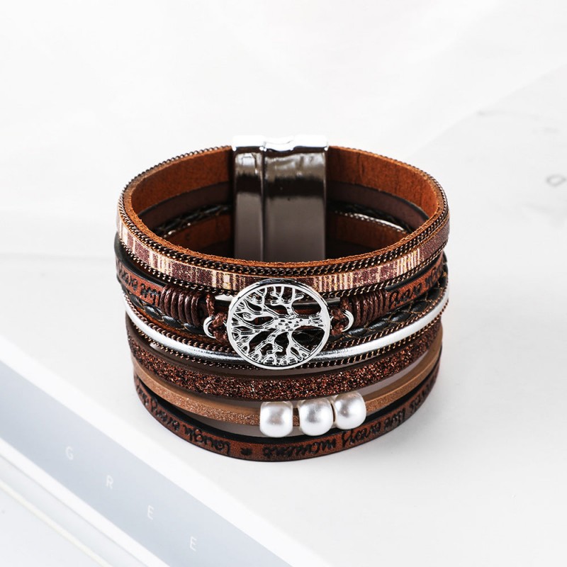 Hand Woven Leather Hollow Tree of Life Multilayer Bracelet