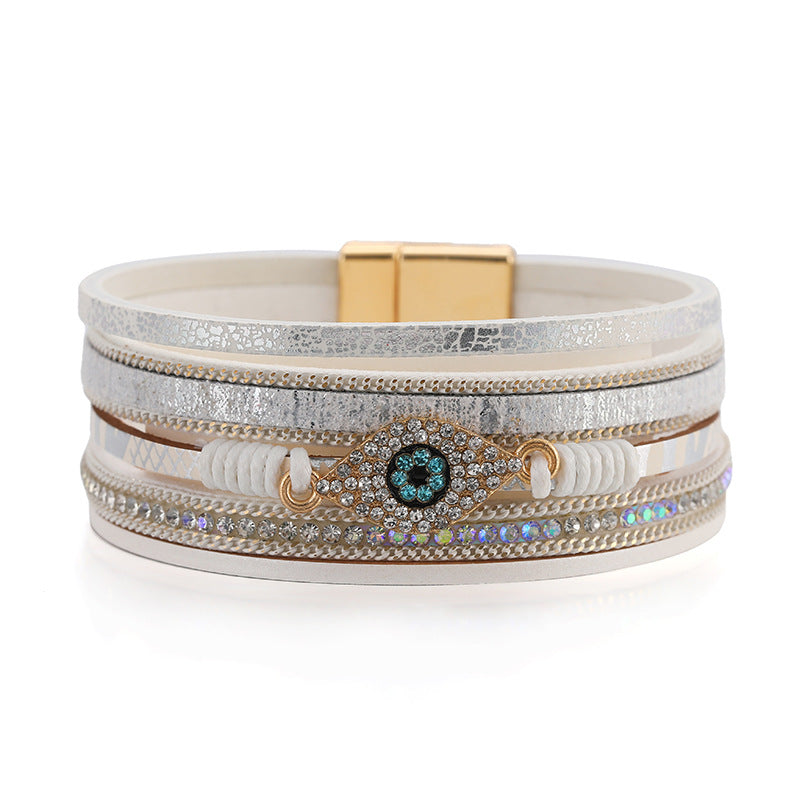 Devil's Eye Diamond Design Multi-Layer Pu Leather Ethnic Style Bracelet
