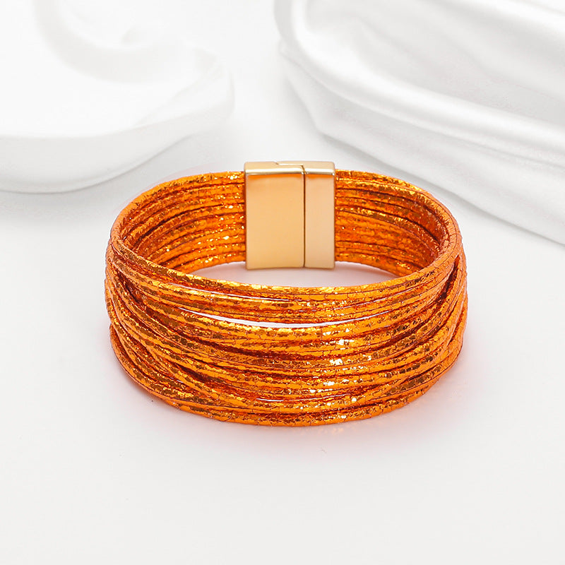 Bohemian Imitation Gold Wire Magnetic Clasp Leather Bracelet