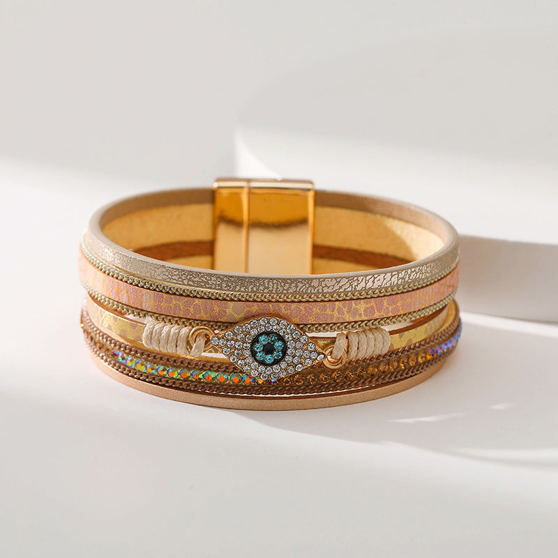 Devil's Eye Diamond Design Multi-Layer Pu Leather Ethnic Style Bracelet