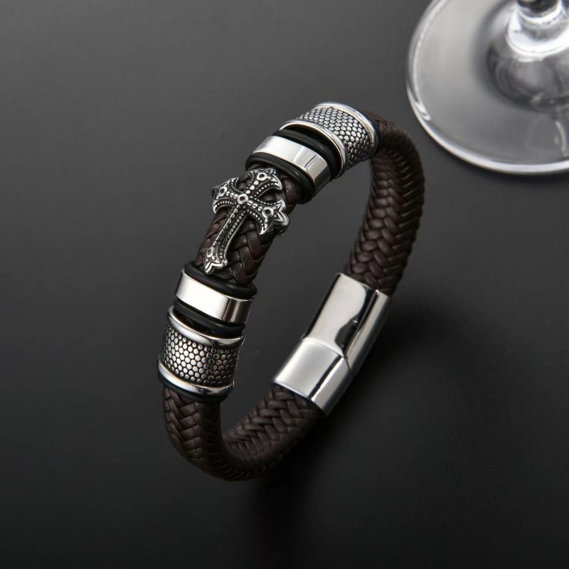 Punk Braided Cross Men's Leather Bracelet