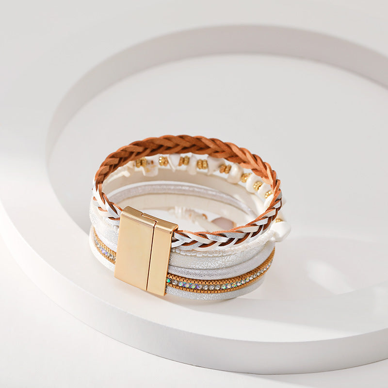 Retro Hand-woven Leather Multi-layer Diamond-encrusted Ethnic Style Gravel Bracelet