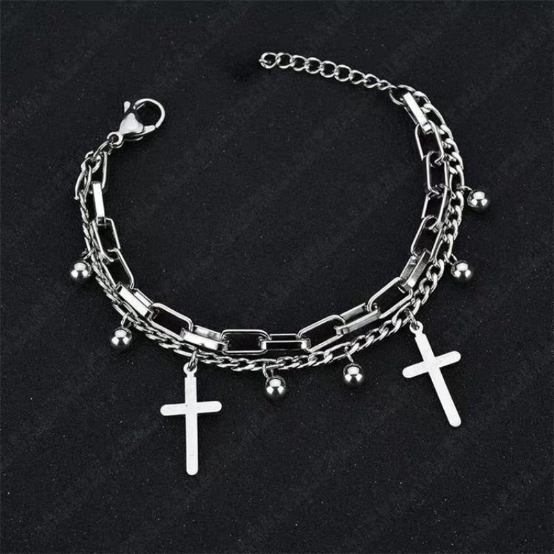 Vintage Metal Double Cross Pendant Hip Hop Multi-layer Bracelet