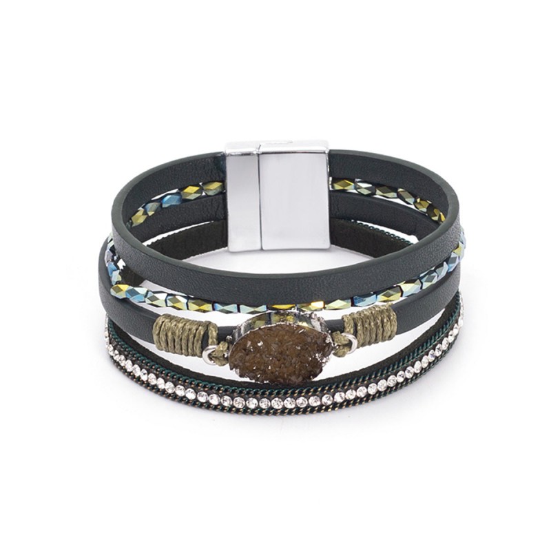 Crystal Studded Vintage Ethnic Style Beaded Leather Bracelet