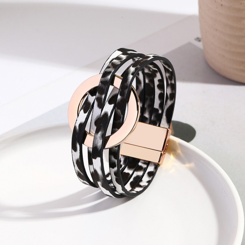 Metal Leather Cross Women's Large Hoop Cuff Multi-layer Wris