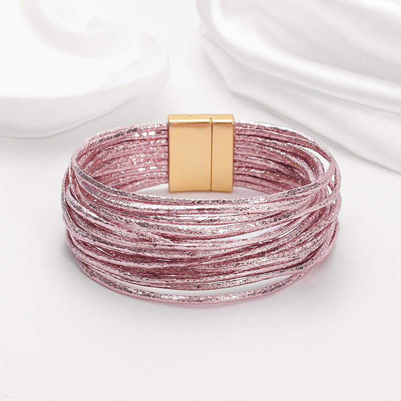 Bohemian Imitation Gold Wire Magnetic Clasp Leather Bracelet