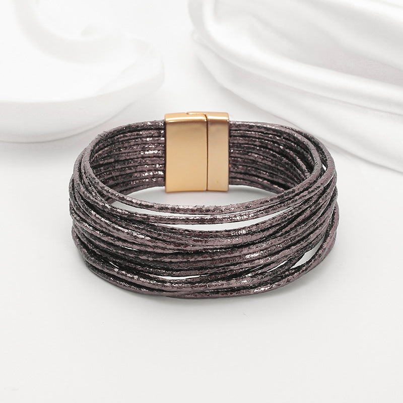 Bohemian Imitation Gold Wire Magnetic Clasp Leather Bracelet