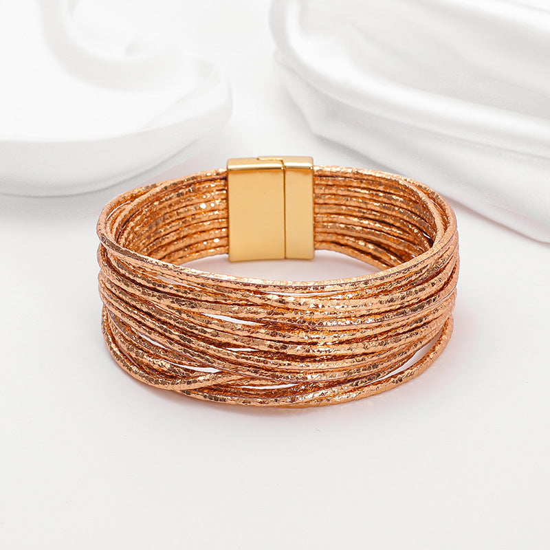 Bohemian Imitation Gold Wire Magnetic Clasp Leather Bracelet