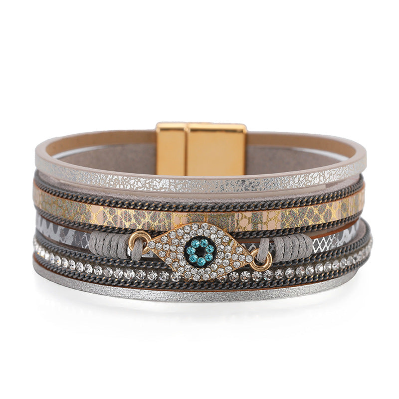 Devil's Eye Diamond Design Multi-Layer Pu Leather Ethnic Style Bracelet