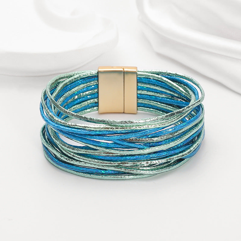 Bohemian Imitation Gold Wire Magnetic Clasp Leather Bracelet