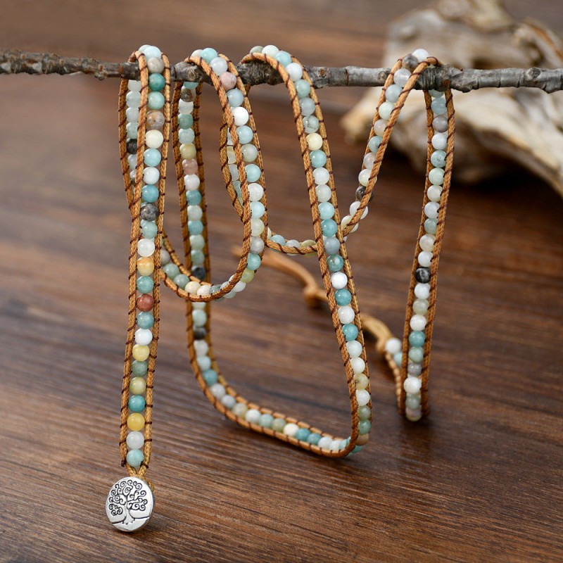 Bohemian stone round bead woven 5-layer bracelet