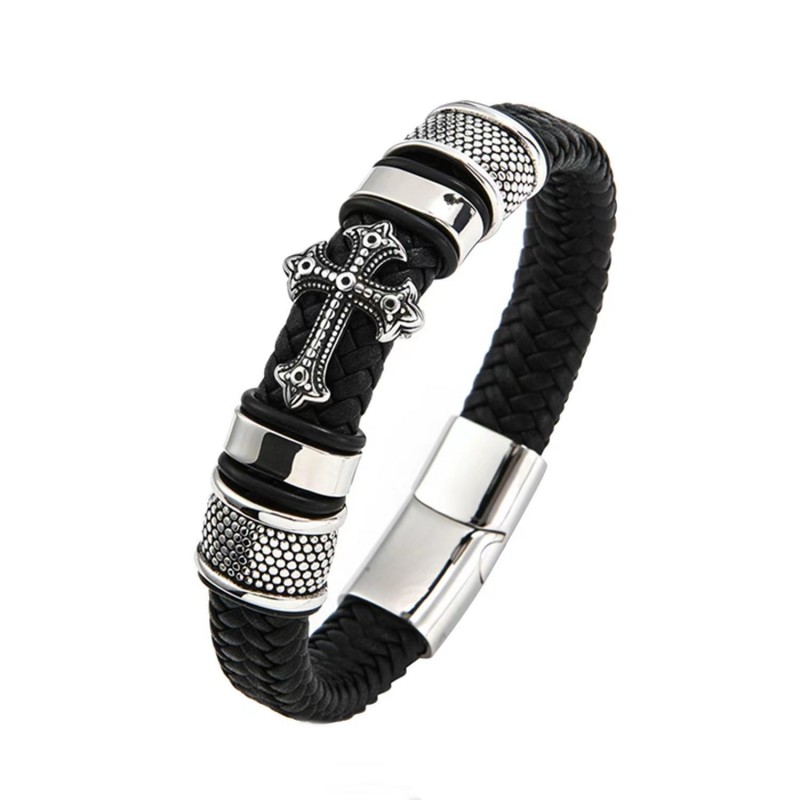 Punk Braided Cross Men's Leather Bracelet