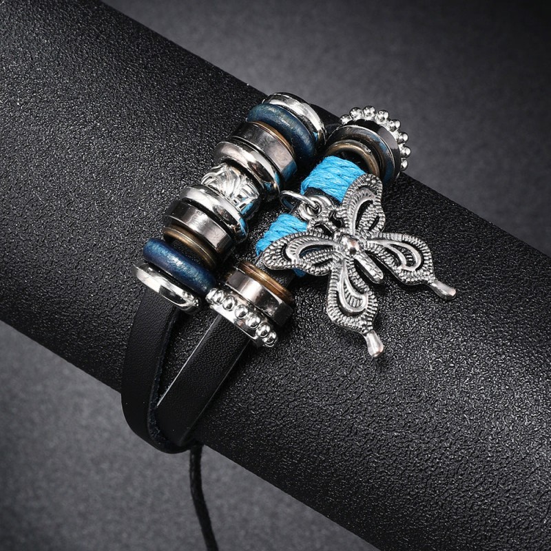 Alloy Butterfly Pendant Woven Cowhide Bracelet OLY-BT-ChiY004