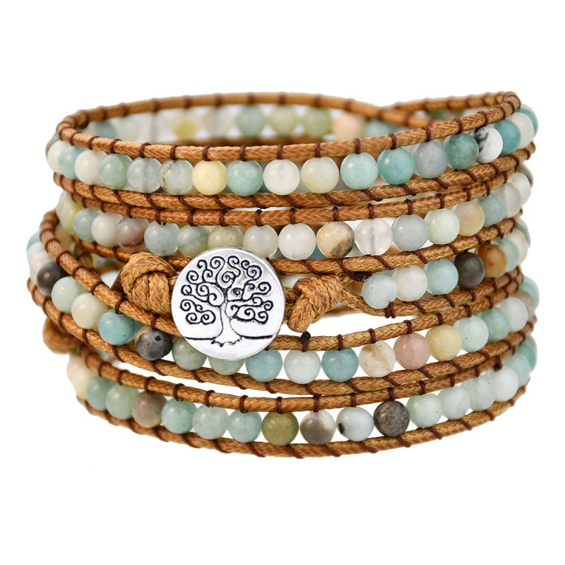 Bohemian stone round bead woven 5-layer bracelet