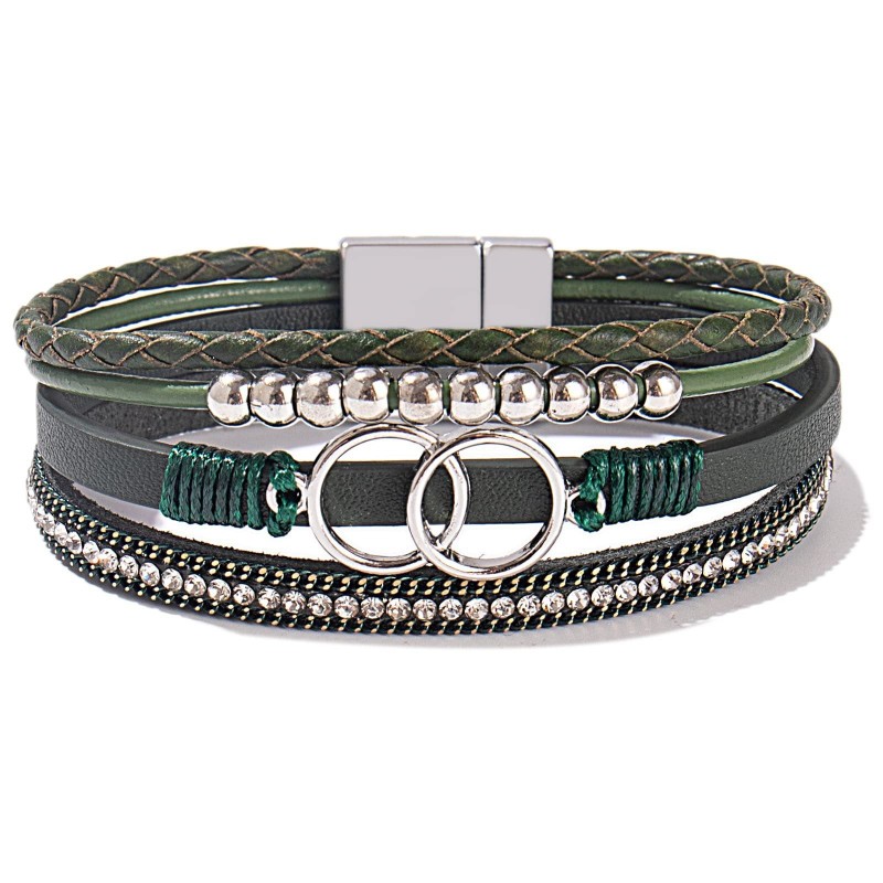 Handmade Magnetic Clasp Diamond Encrusted Leather Bracelet