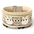 Diamond Magnetic Buckle Creative Owl Decorated Bohemian Leather Bracelet