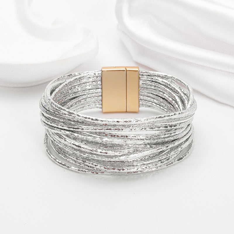 Bohemian Imitation Gold Wire Magnetic Clasp Leather Bracelet