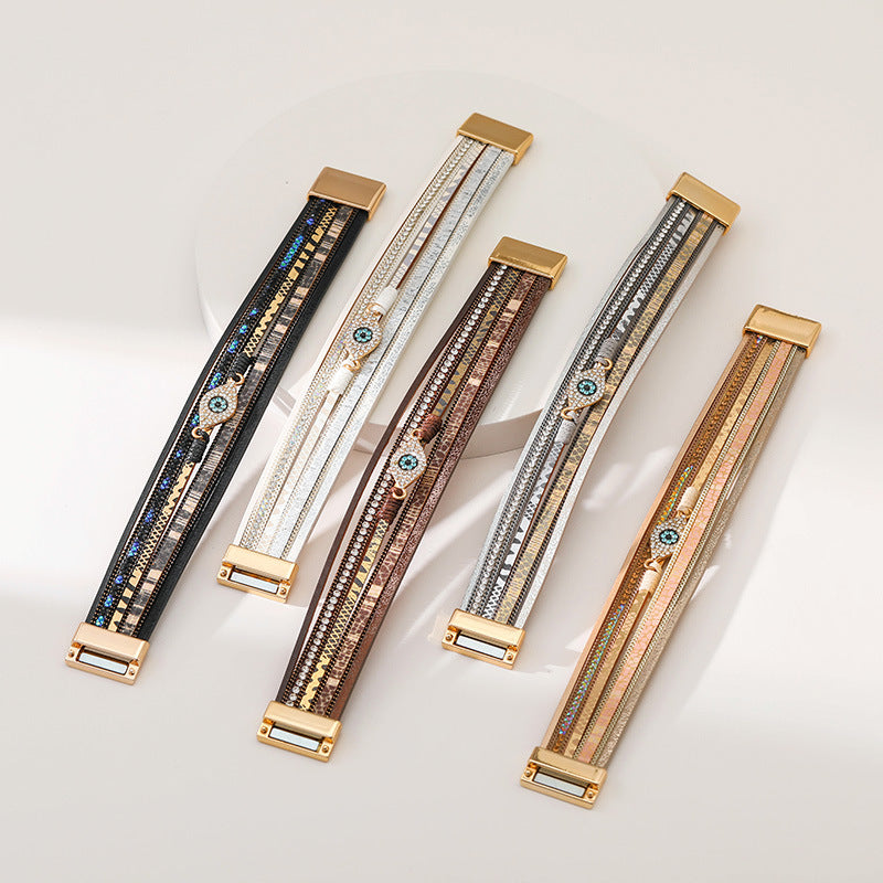 Devil's Eye Diamond Design Multi-Layer Pu Leather Ethnic Style Bracelet