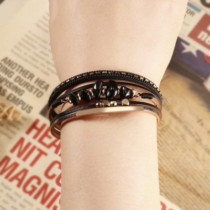 Boho Style Natural Stone Beaded Leather Magnetic Bracelet