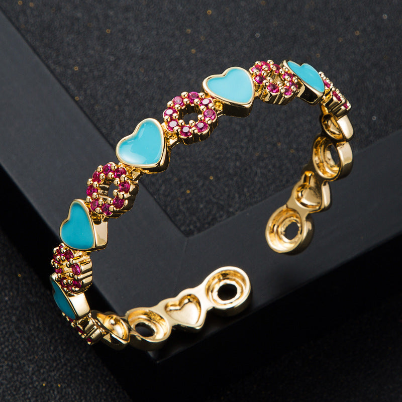 copper inlaid zircon enamel drop oil love heart bracelet Ten
