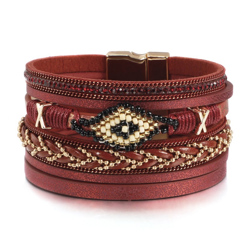 Boho Style Rice Beads Handwoven Leather Bracelet