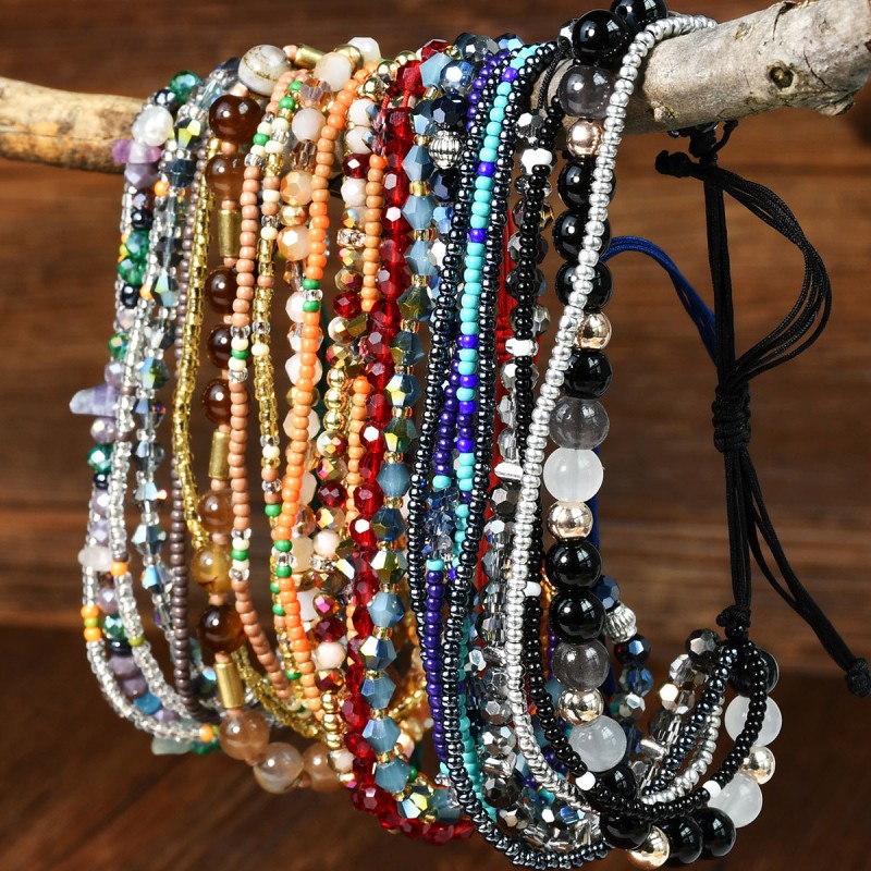 Bohemian multi-layer natural gravel crystal beaded bracelet