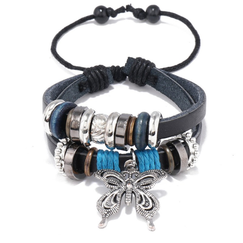 Alloy Butterfly Pendant Woven Cowhide Bracelet OLY-BT-ChiY004