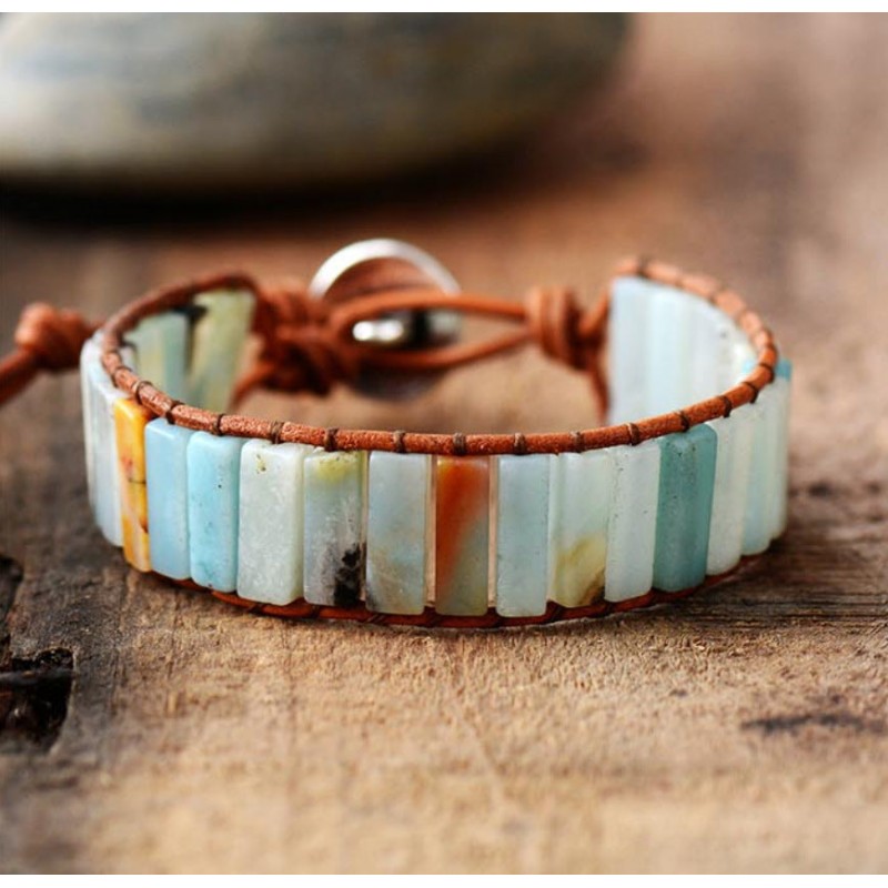 Natural Stone Square Tube 4*13MM Leather Beaded Bracelet