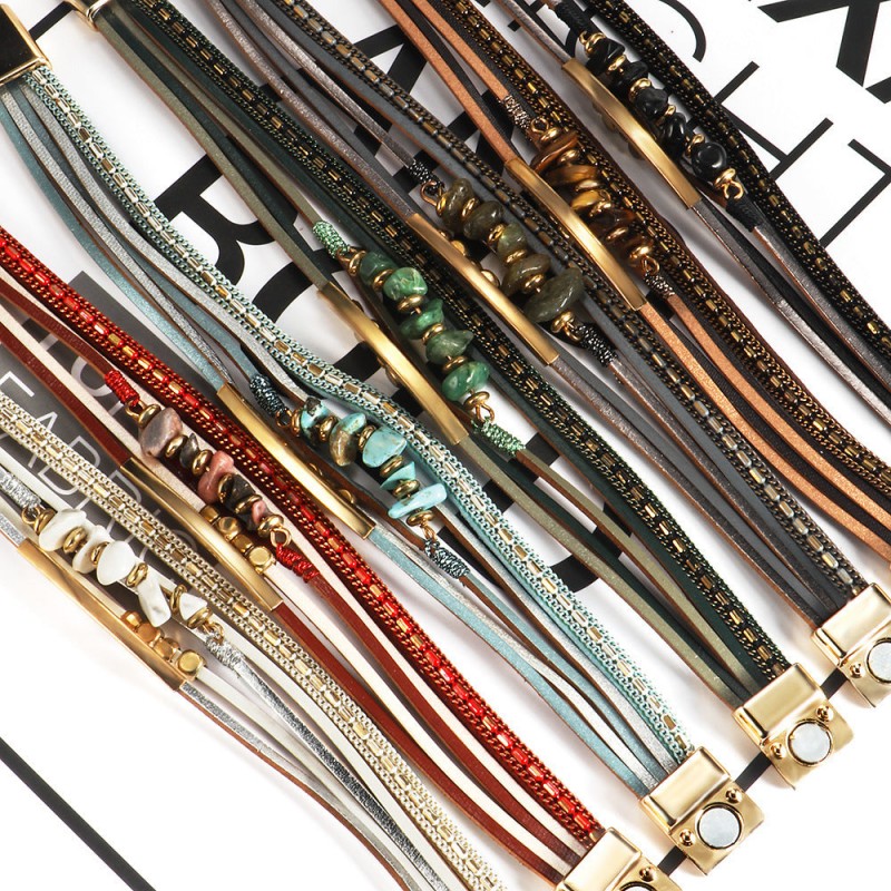 Boho Style Natural Stone Beaded Leather Magnetic Bracelet