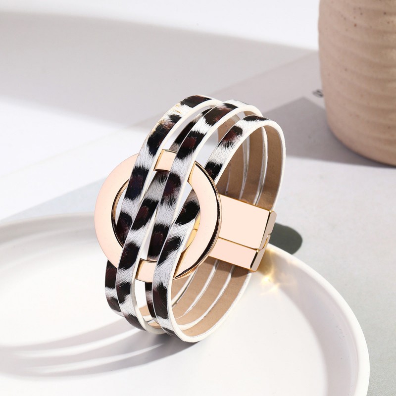 Metal Leather Cross Women's Large Hoop Cuff Multi-layer Wris