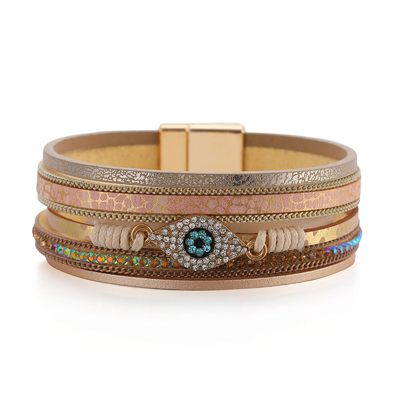 Devil's Eye Diamond Design Multi-Layer Pu Leather Ethnic Style Bracelet