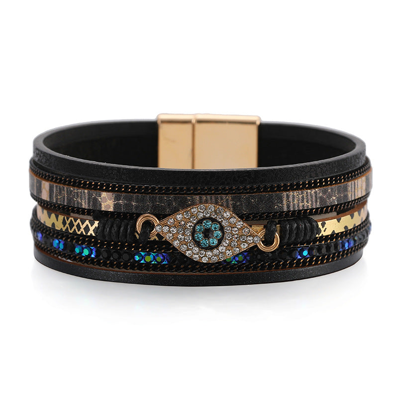 Devil's Eye Diamond Design Multi-Layer Pu Leather Ethnic Style Bracelet
