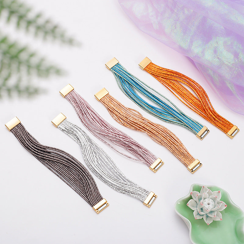 Bohemian Imitation Gold Wire Magnetic Clasp Leather Bracelet