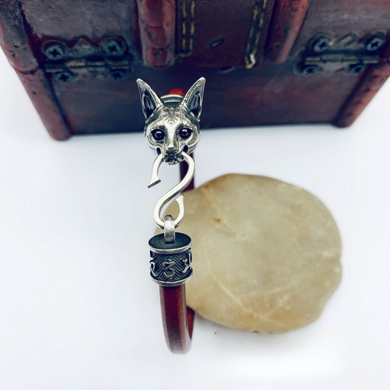 Egyptian Cat Genuine Leather Bracelets Made of Brass Old Bracelets