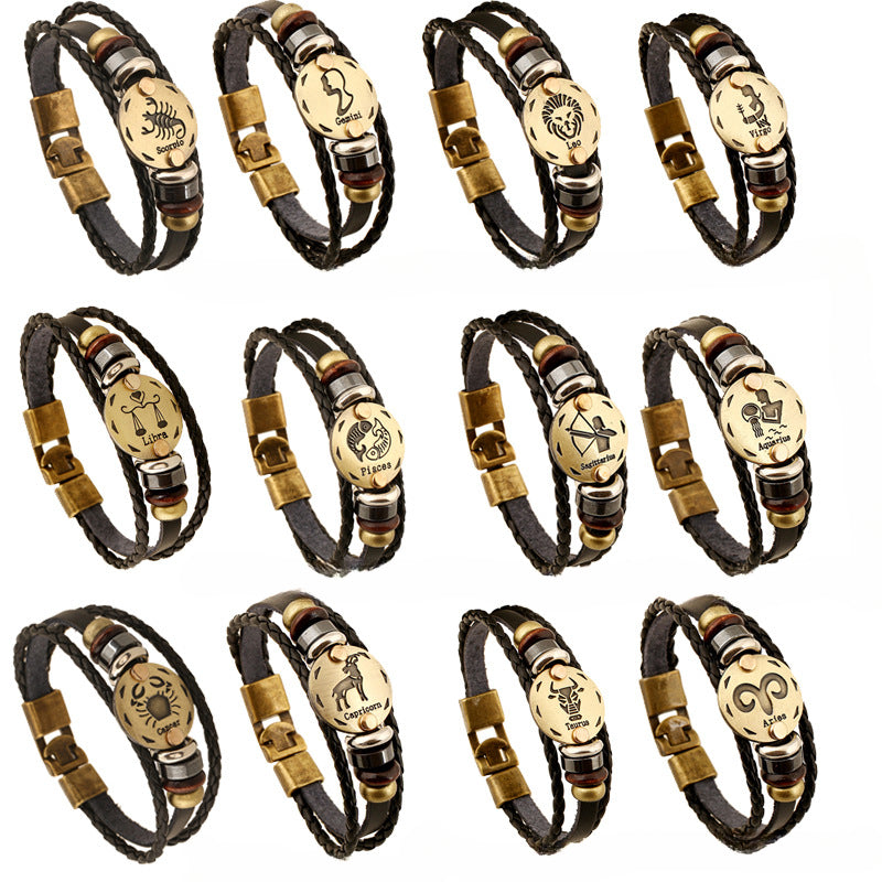 Vintage 12 Zodiac Cowhide Multi-layer Bracelets