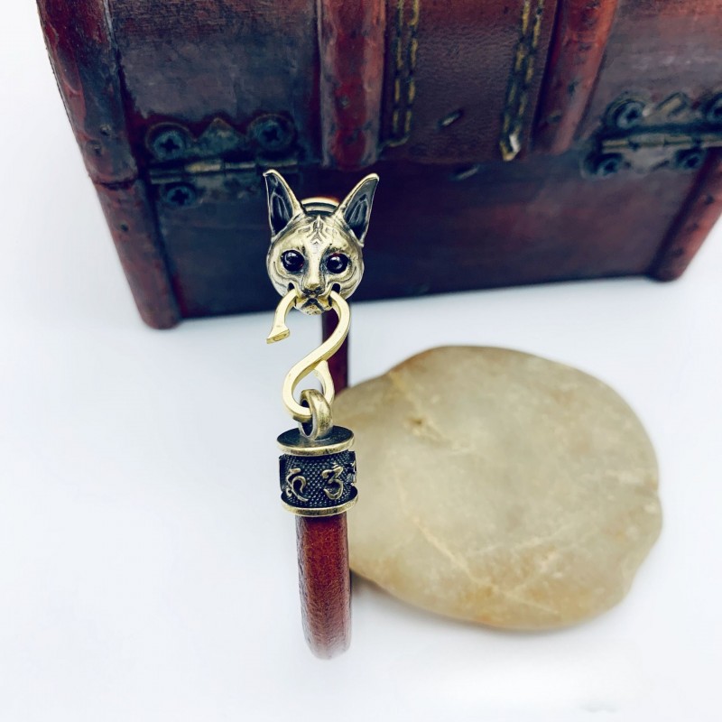 Egyptian Cat Genuine Leather Bracelets Made of Brass Old Bracelets